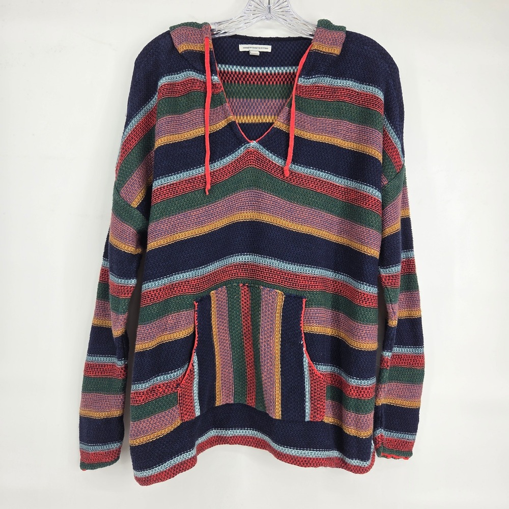 American Eagle Sweater Hoodie Large Navy Multi Stripe Boho Eclectic Art-Inspired